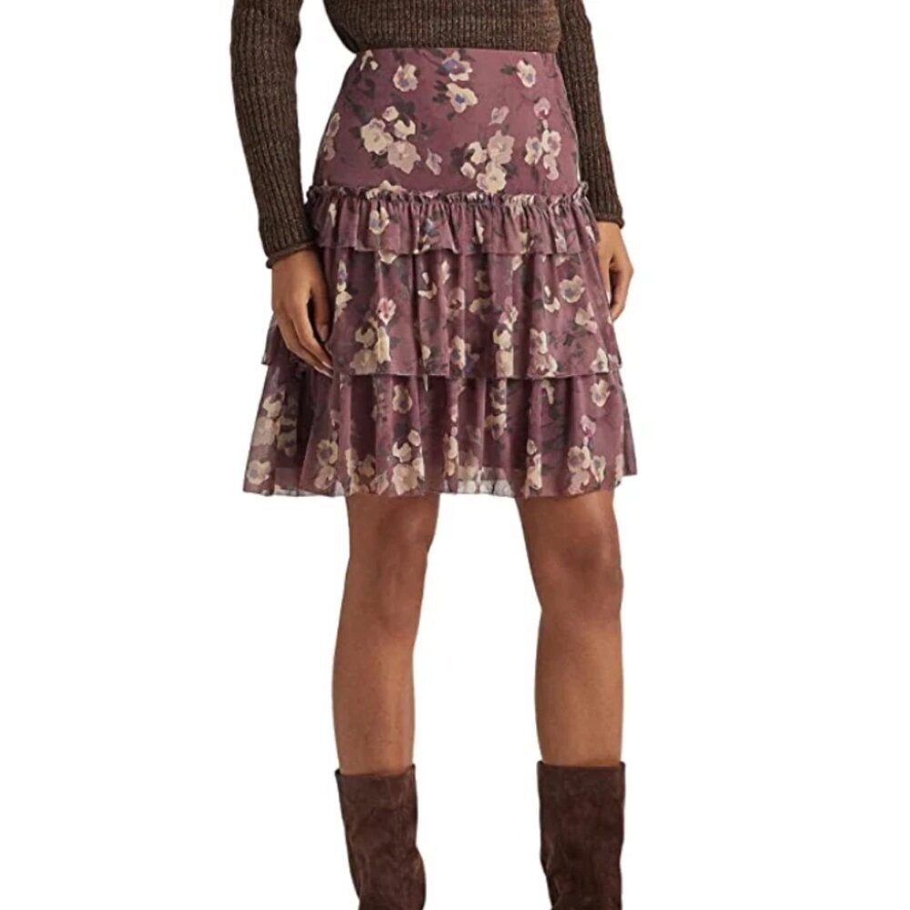NWT Lauren Ralph Lauren Women's Floral Ruffle Crinkle Georgette Skirt 8